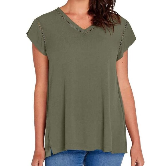 BUFFALO DAVID BITTON V-Neck Short Cap Sleeve Top Solid Olive Green Boho Small S - Picture 1 of 14